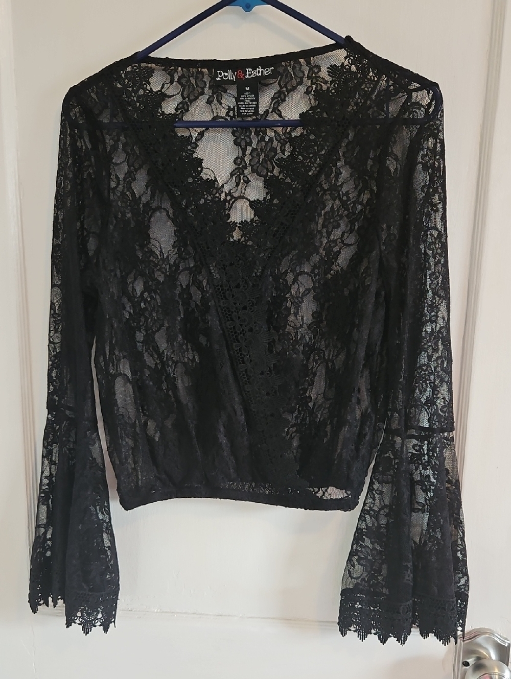 Polly & Esther Black Sheer Lace Wrap Blouse